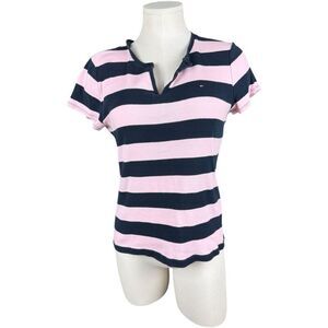 TOMMY HILFIGER Pink and Navy Striped V-neck Tee | Size Large
